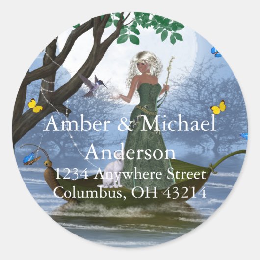 Elf met witte kat fantasie retour adres labels (Voorkant)