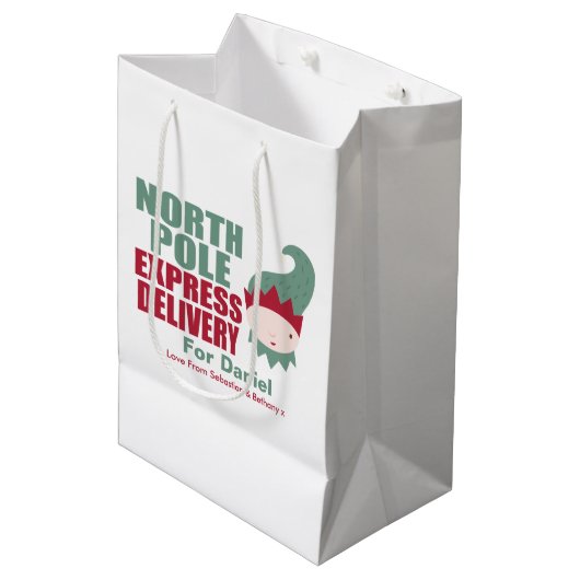 Elf North Pole Express-levering op maat Medium Cadeauzakje (Voorkant Gekanteld)