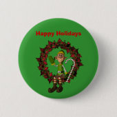 Elf op Wreate Kerstfeestdag Button Pin (Voorkant)