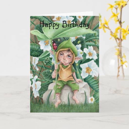 Elf Pixie en Ladybird Waterverf Birthday Kaart (Gele Bloem)