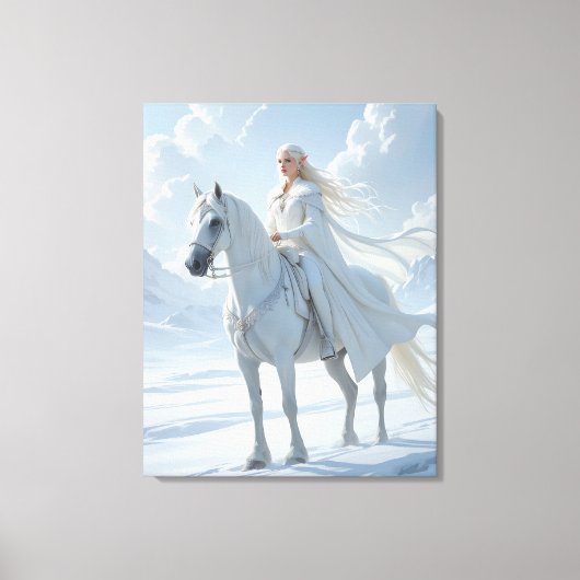 Elf Queen Riding a Majestic White Horse Canvas Afdruk (Voorkant)