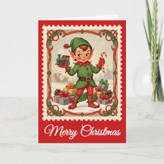 Elf Retro Postzegel Kerstmis Feestdagen Kaart (Voorkant)