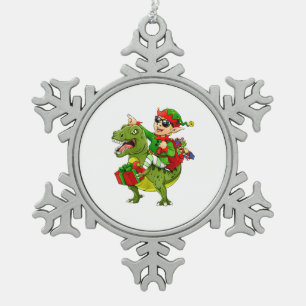 ELF Riding Dinosaur T Rex Boys Mannen Kerst Tin Sneeuwvlok Ornament