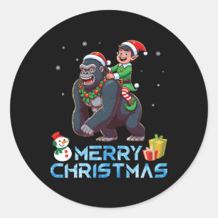 Elf Riding Gorilla Snowman Cadeau Vrolijk Kerstfee Ronde Sticker
