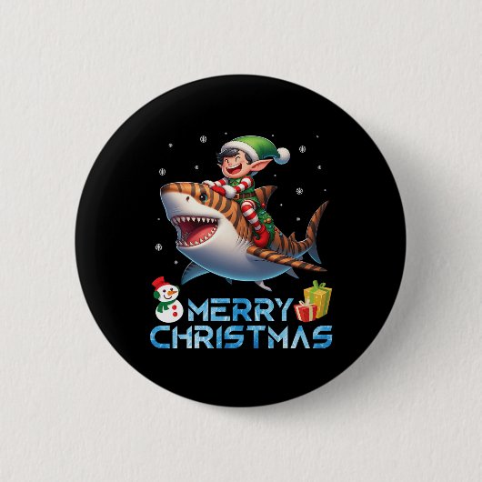 Elf Riding Tiger Shark Snowman Cadeau Merry Chris Ronde Button 5,7 Cm (Voorkant)