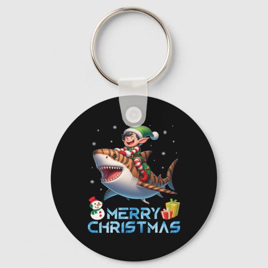 Elf Riding Tiger Shark Snowman Cadeau Merry Chris Sleutelhanger (Voorkant)