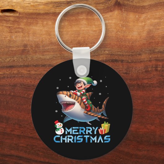 Elf Riding Tiger Shark Snowman Cadeau Merry Chris Sleutelhanger (Voorkant)