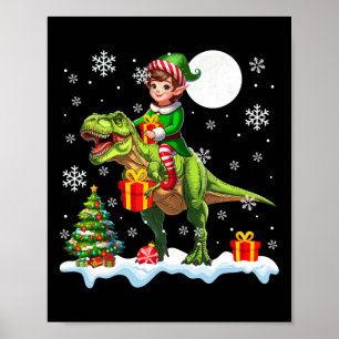 Elf rijdt op T-rex Kerstboom Kleurrijke Lichten Lo Poster