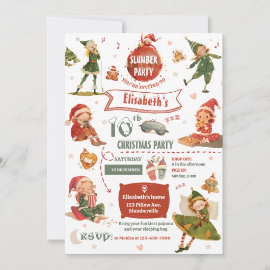 Elf Slumber Party verjaardagsuitnodiging Kaart (Voorkant)