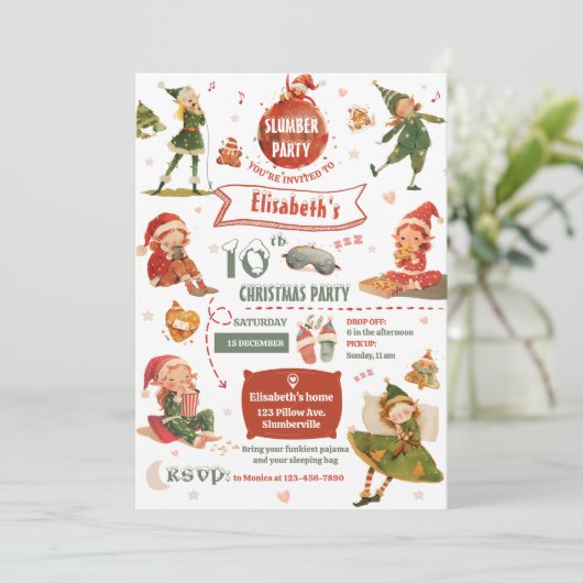 Elf Slumber Party verjaardagsuitnodiging Kaart (Staand voorkant)