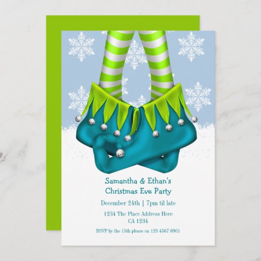 Elf Stockings and Boots Snowflake kerstparty Kaart (Voorkant / Achterkant)