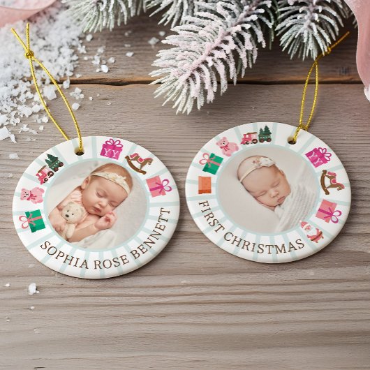 Elf Toy Factory Baby's First Pink Christmas Photo Keramisch Ornament