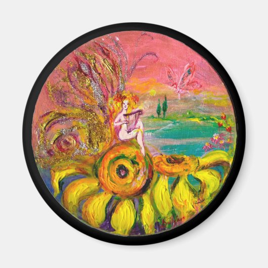 ELF VAN DE ZONNEBLOEMEN geel roze zwart Magneet (Voorkant)