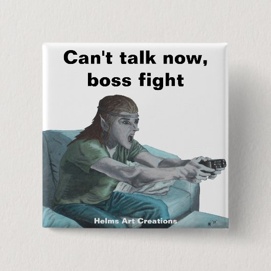 Elf Video Gamer Boss Fight Fantasy Art Button (Voorkant)