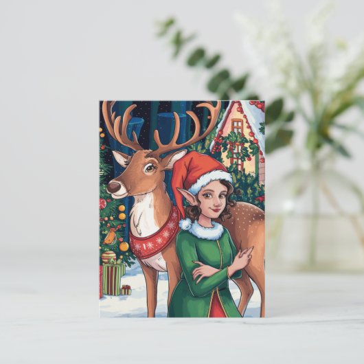 Elf vrouw en een rendier briefkaart (Staand voorkant)