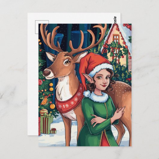 Elf vrouw en een rendier briefkaart (Voorkant / Achterkant)