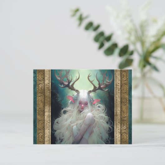 Elf Vrouw Met Antlers Fantasie Kunst Briefkaart (Staand voorkant)