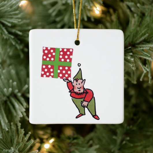 Elf With Polka Dot Gift square ceramic ornament (Boom)
