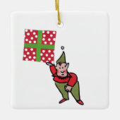 Elf With Polka Dot Gift square ceramic ornament (Voorkant)