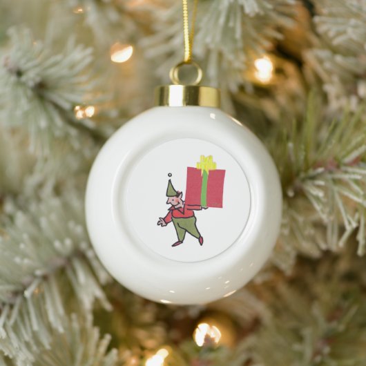 Elf With Red Box ceramic Christmas ball ornament (Boom)
