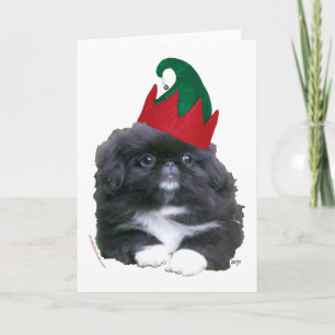 Elfachtige Pekingese Puppy Kerstmis Feestdagen Kaart