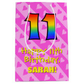 elfde verjaardag: Fun roze hartenstrepen; Regenboo Medium Cadeauzakje (Voorkant)