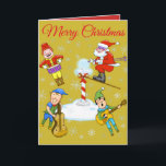 Elfen en het Santa Christmas Wenskaart Feestdagen Kaart<br><div class="desc">Kerstman en muzikantenelfjes maken deze leuke kerstkaart. ,  zodat u uw eigen tekst kunt toevoegen en de achtergrondkleur kunt wijzigen. Breng de feestdagen binnen met dit feestelijke ontwerp.</div>