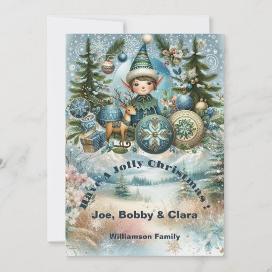 Elfen groeten sneeuwvlokken, kerstversiering, vrol feestdagenkaart (Voorkant)