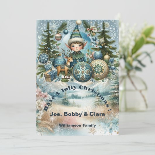 Elfen groeten sneeuwvlokken, kerstversiering, vrol feestdagenkaart (Staand voorkant)