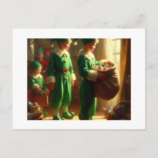 Elfen met geschenken, briefkaart (Voorkant)