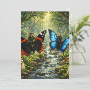 Elfen op vlinderruiters, betoverd bos feestdagenkaart