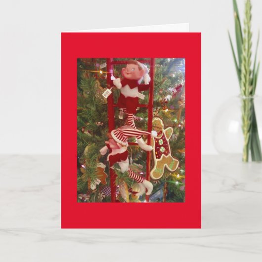 **ELFEN VERSIEREN DE BOOM** ZEG VROLIJK KERSTFEEST FEESTDAGEN KAART (Voorkant)