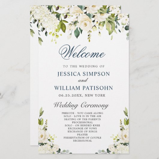 Elfenwit Rozen Bloemige Huwelijksceremonie Program (Voorkant / Achterkant)