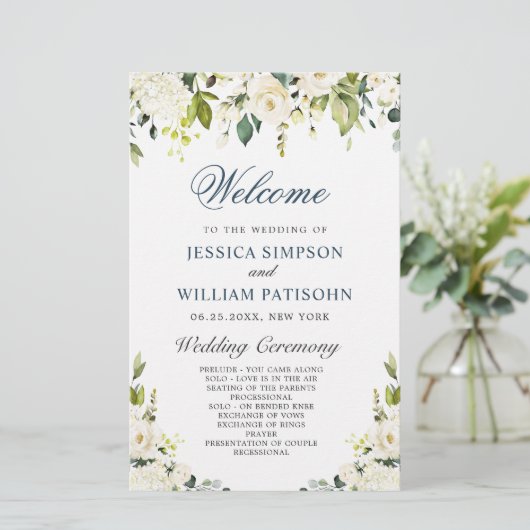 Elfenwit Rozen Bloemige Huwelijksceremonie Program (Staand voorkant)