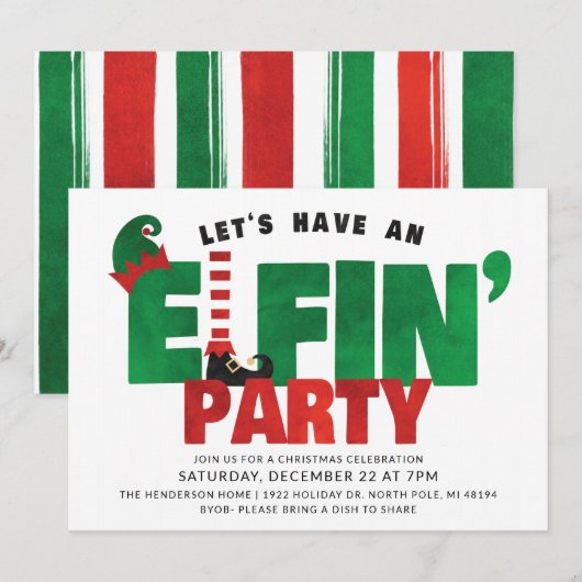 Elfin Feest - Grappige Kerstfeest Uitnodiging (Voorkant / Achterkant)