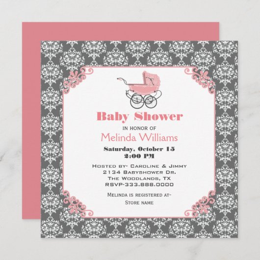 Elgant Damask Pink Stroller Baby shower Invitation Kaart (Voorkant / Achterkant)