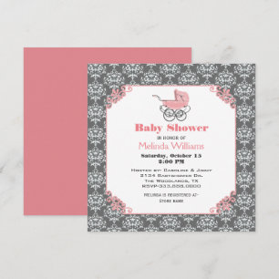 Elgant Damask Pink Stroller Baby shower Invitation Kaart