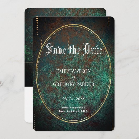 Elgant Gothic blauwgroen roestgoud omhuld Save The Date (Voorkant / Achterkant)