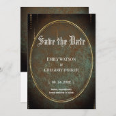 Elgant Gothic blauwgroen roestgoud omhuld Save The Date (Voorkant / Achterkant)