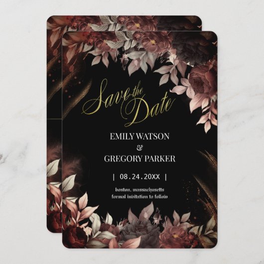 Elgant Gotisch Bourgondië Rood en Zwart Bloemen Save The Date (Voorkant / Achterkant)
