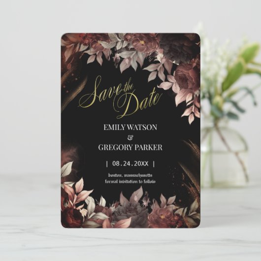 Elgant Gotisch Bourgondië Rood en Zwart Bloemen Save The Date (Staand voorkant)