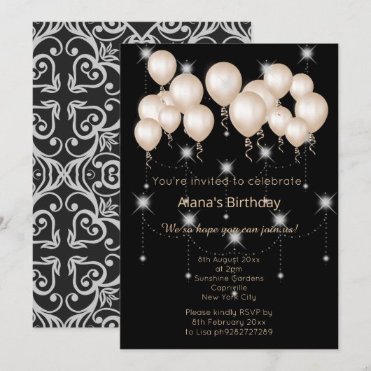 ELGANT MODERN DAMASK BLACK SILVER BALLOON KAART (Voorkant / Achterkant)