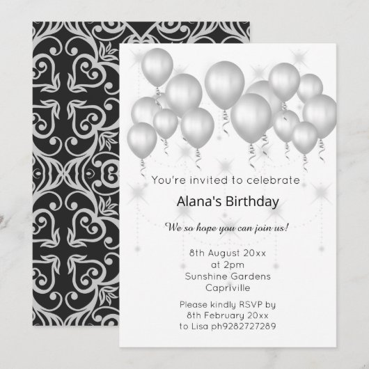ELGANT MODERN DAMASK SILVER BALLOON Sparkle Kaart (Voorkant / Achterkant)
