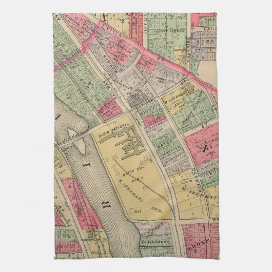 Elgin Illinois 1871 Map Elgin Watch Factory Theedoek (Verticaal)