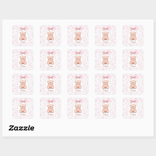 Eliana | Aangepaste Roze Teddybeer Nursery Design Vierkante Sticker (Vel)