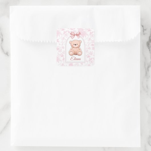 Eliana | Aangepaste Roze Teddybeer Nursery Design Vierkante Sticker (Tas)