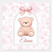 Eliana | Aangepaste Roze Teddybeer Nursery Design Vierkante Sticker (Voorkant)