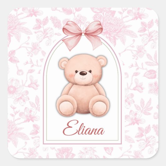 Eliana | Aangepaste Roze Teddybeer Nursery Design Vierkante Sticker (Voorkant)