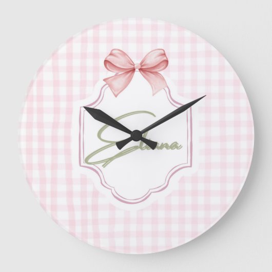 Eliana Gepersonaliseerde Roze Bow & Gingham Print Grote Klok (Voorkant)