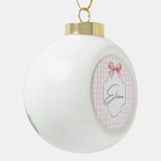 Eliana Gepersonaliseerde Roze Bow & Gingham Print Keramische Bal Ornament (Links)